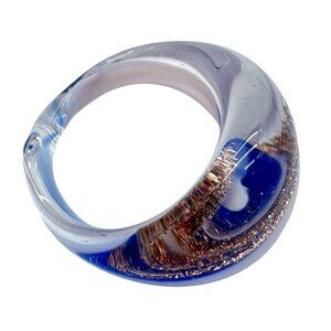 OOAK Handmade Art Glass Statement Ring SZ 8.5 With Swirled Blue & Copper Accent